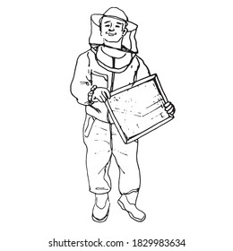 Vector Illustration.Image In Black Outline A Cheerful Young Beekeeper In A Protective Suit Working In An Apiary, Honey Production Process Isolated On A White Background