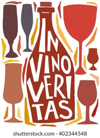 Vector illustrationin trendy hipster style  typographic poster with bottle of wine and a glass silhouette and quote. In vino veritas. 