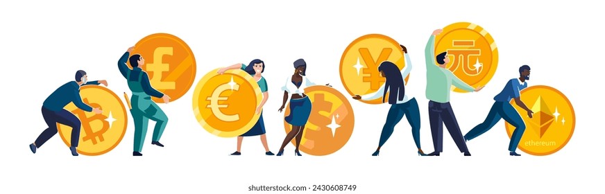 Vector illustration.International business people European and African American investing in bitcoin, pounds, euro, dollar, yen, yuan, ethereum, cryptocurrency market.Gold coins Business for financing