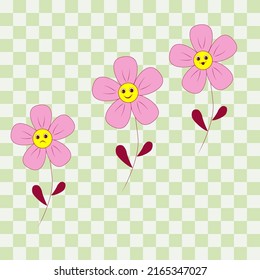 Vector illustration,isolated, daisy flowers with different emotions in retro style. Pink, flower, smile, sadness, 70's, postcard, vintage.