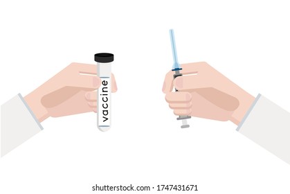 Ilustración vectorial.Aislada en fondo blanco. Médico sostiene un tubo de ensayo con vacuna en una mano y una jeringa en otra. 