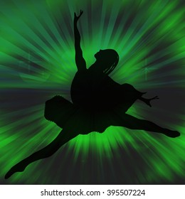 Vector illustration-jump silhouette the ballerina on a black and green background.