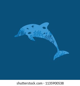 Vector illustration.jumping dolphin. dolphin silhouette. World day of whales and dolphins. July 23. Emblem. Double exposure.
