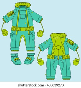 Vector illustration.Jumpsuit for baby. Rear view and front view.