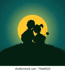 Vector illustration,kids under the moonlight, cartoon concept.