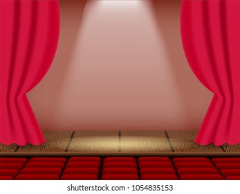 Vector illustrationl. Empty theater stage and opened curtains. Auditorium with empty seats