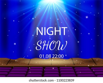 Vector illustrationl. Empty theater stage and closed curtains. Auditorium with empty seats. Night show.