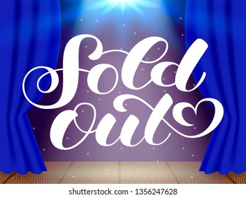 Vector illustrationl. Empty theater stage and open curtains. Sold out lettering