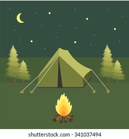 Vector illustration.Landscape with tent and campfire.Camping