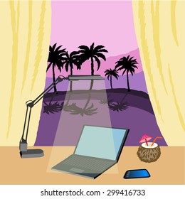 Vector Illustration.Laptop, Lamp, Phone, Cocktail, Tropical night. Desktop of the freelancer. Idea of endless summer for those who can work in internet.