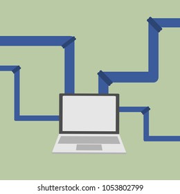 Vector illustration.Laptop and many pipes, private information flowing out throught the pipes.