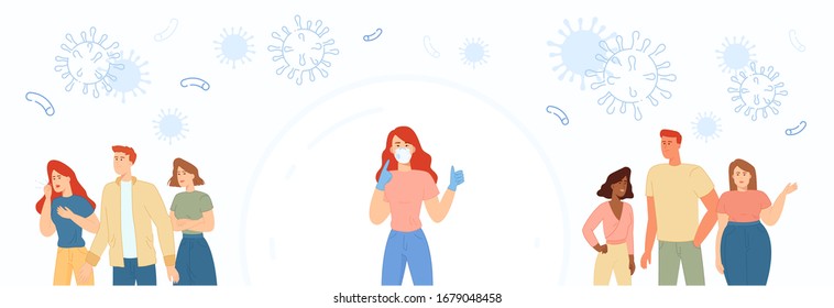 Vector  illustration.Large multiethnic group of people. Protected from viruses and diseases.Young people don't wear medical face masks. Stop epidemic concept. Glass dome. Protection against infection.