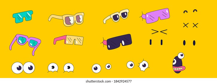 Vector illustration.Large set of cartoon eyes and collection of glasses.