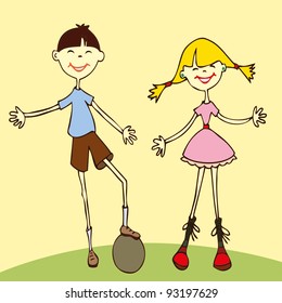 Vector illustration,little boy and girl playing, card concept.