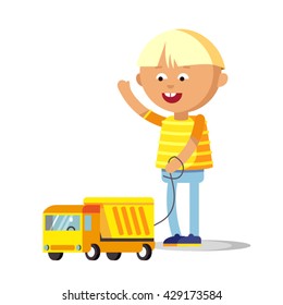 Vector illustration-little boy with yellow toy car. Happy boy playing. Childhood.