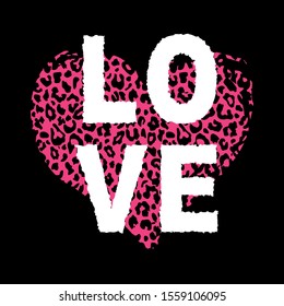 Vector illustration.Love phrase isolated on hand drawn heart with pink leopard pattern. Perfect for design of blog decoration, web sites, apps, typography, badge, poster,booklet, flyer,card, ad,banner