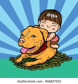 Vector illustration.Lovely boy and dog,American Pit Bull Terrier.