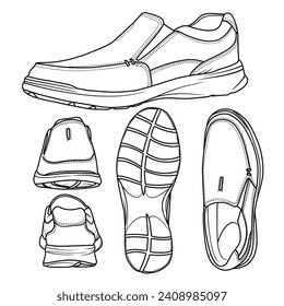 Vector Illustration.Men's leather Slip On shoes hand drawn collection, line art drawing, black line sneaker, formal shoes, top, isometric, bottom, and side view, isolated on white background