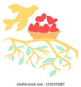 Vector illustration-metaphor of bird s nest on branch, in which instead of eggs abstract hearts are drawn, bird flies over the nest. Concept love and motherhood, large families, many children.