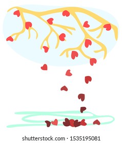 Vector illustration-metaphor of a branch, on which instead leaves hearts are depicted, some of them are in their place, and some have fallen. The context is a love relationship.