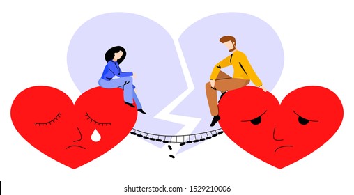 Vector illustration-metaphor couple who ended relationship. Man and woman sit on large, sad hearts, between which is bridge destroyed by lightning. In background is heart split by the same lightning.