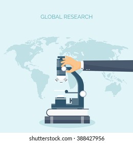 Vector illustration.Microscope with hand. Flat medical background. Health care ,first aid, research ,cardiology. Medicine ,study. Chemical engineering ,pharmacy.