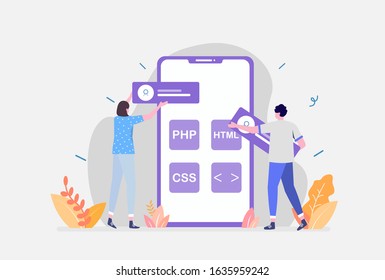 Vector Illustration,Mobile App Development Concept, Showing a group of programmer building the application, Suitable for landing page, ui, web, App intro card, editorial, flyer,and banner