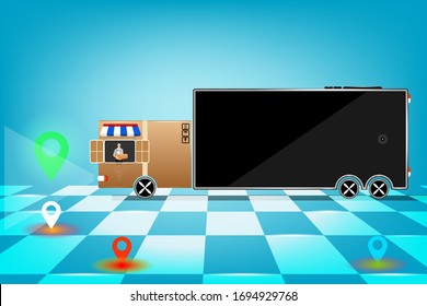 ilustración vectorial, teléfono móvil y caja de paquetes compuesta por camión de entrega de tienda en línea