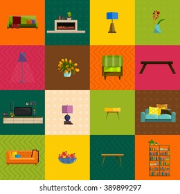 vector illustration,modern home furniture in living room interior design, house indoor wall decorated with sofa, lamp, table
