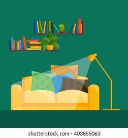 vector illustration,modern home furniture in living room interior design, house indoor wall decorated with sofa, lamp, table
