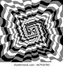 Vector Illustration.Monochrome Wavy Spirals Expanding from the Center. Optical Illusion of Perspective and Volume. Suitable for textile, fabric, packaging and web design.
