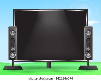 Vector illustrationn. Open air cinema on a summer meadow.
