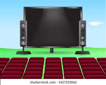 Vector illustrationn. Open air cinema on a summer meadow with empty seats.