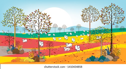 Vector illustrationn of panorama landscape in english countryside with sheeps, forest trees and leaves falling in Autumn, Panoraic view of farm field with family of lambs on hills in fall season.