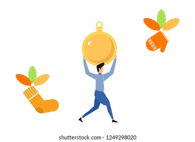 Vector illustration,New Year ball over his head,gifts hanging on the walls