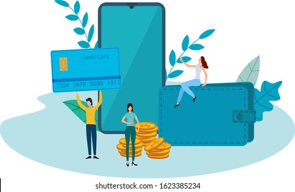 Vector illustration.Non-cash payments, credit cards, cash, coins and NFC module.The concept of money transfers.