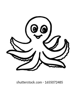 Vector illustration.Octopus drawing on an isolated white background.Children tattoo design, coloring, print clothes.