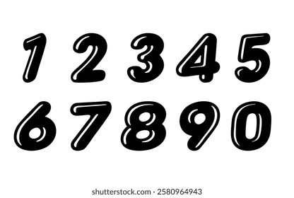 Vector illustrationof bold, glossy black digits ranging from 0 to 9 are displayed in a playful style, perfect for creative designs or teaching children. Each number shows unique curves.