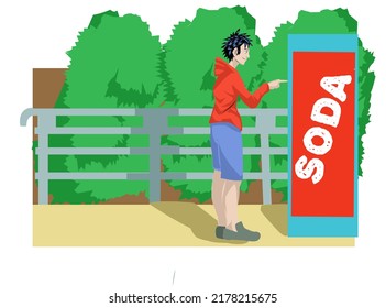 Ilustración vectorial de un niño con capucha roja comprando soda usando la máquina de compra automática