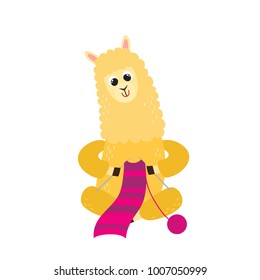 Vector illustrationof cartoon funny alpaca isolated on white background. Cute, funny animal, alpaca character knits scarf used for magazine, book, poster, card, web pages.