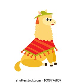Vector illustrationof cartoon funny alpaca isolated on white background. Cute, funny animal, alpaca character in traditional clothes used for magazine, book, poster, card, web pages.