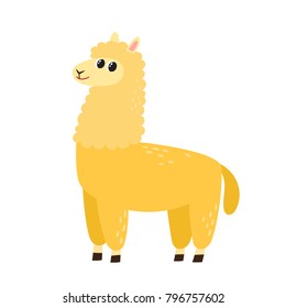 Vector illustrationof cartoon funny alpaca isolated on white background. Cute, funny animal, standing alpaca character used for magazine, book, poster, card, web pages.