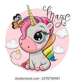 Vector illustrationof a Cute Cartoonl unicorn with rainbow mane and clouds