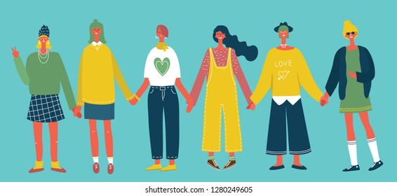 Vector illustrationof of set of young women or girls dressed in trendy clothes standing together. Group of friends or feminist activists. Female cartoon isolated characters in flat style