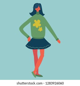 Vector illustrationof of young woman or girl dressed in trendy clothes. Female cartoon isolated fashion character in flat style