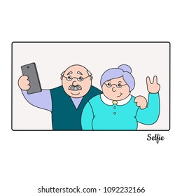 vector illustrationold happy old  man and old lady making selfies on the phone,family photo portrait of grandparents,cartoon design