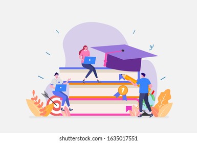 Vector Illustration,Online Education Concept, Showing young people learning online, Suitable for landing page, ui, web, App intro card, editorial, flyer,and banner