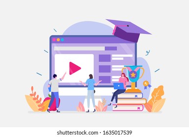 Vector Illustration,Online Education Concept, SShowing young people learning online, Suitable for landing page, ui, web, App intro card, editorial, flyer,and banner