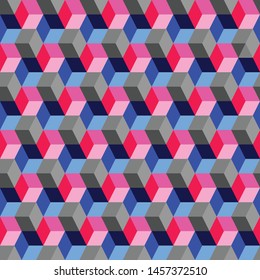 vector illustration.optical illusion cubes made by rhombuses.geometric design. seamless repeat pattern. blue pink gray cubes