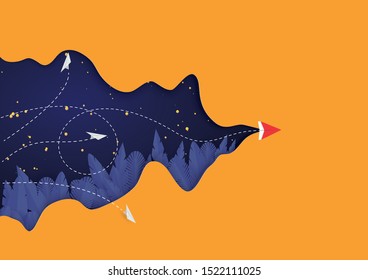 Vector and illustration,Paper airplane flying on orange background. paper cut style.